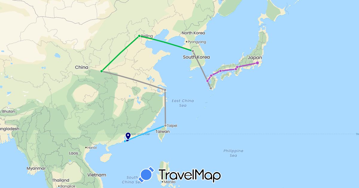 TravelMap itinerary: driving, bus, plane, train, boat in China, Japan, South Korea, Taiwan (Asia)